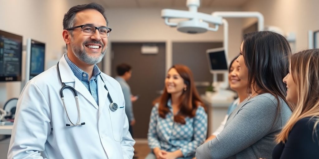 Doctor sonriente en clínica moderna con pacientes felices.
