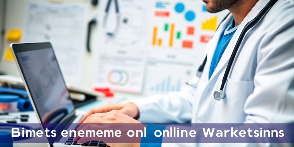 Doctor trabajando en computadora con equipo médico alrededor.