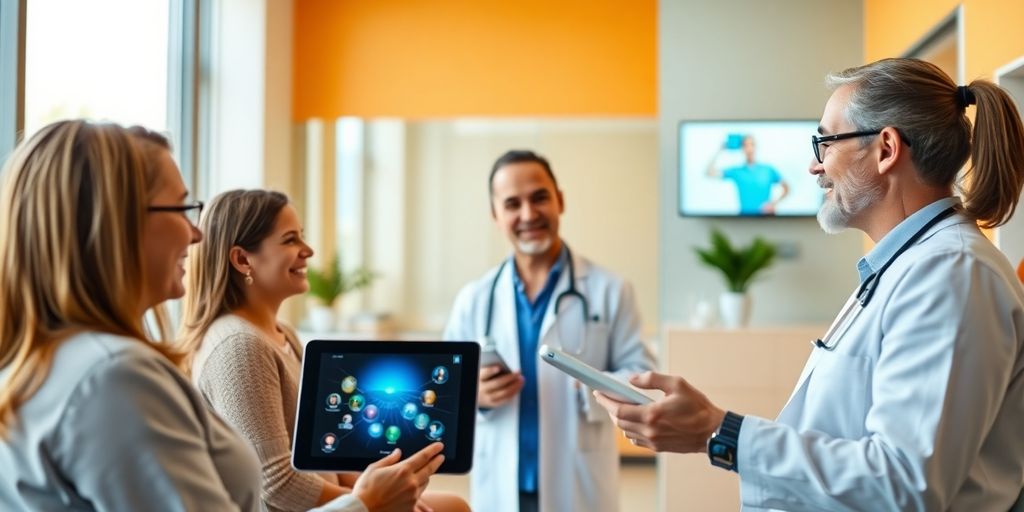 Doctores interactuando con pacientes en un consultorio moderno.