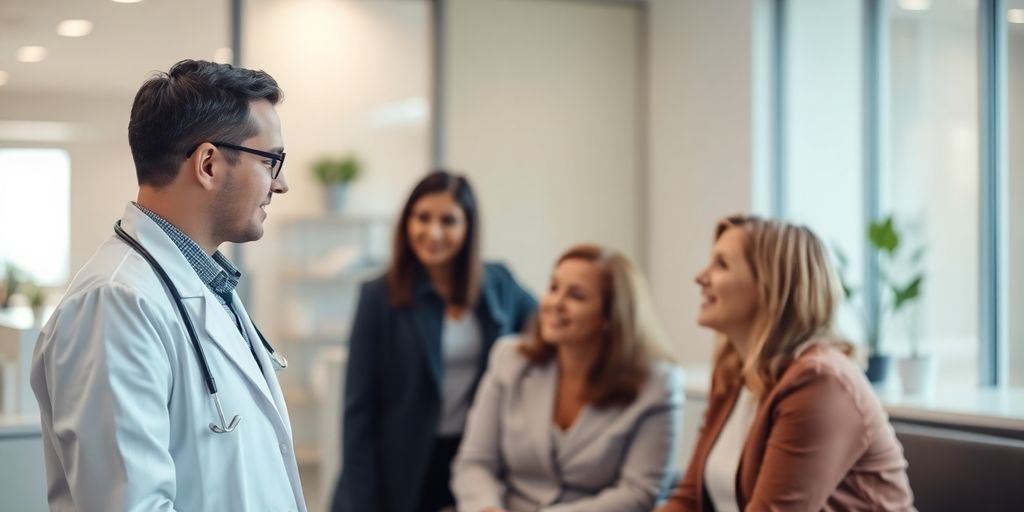 Médico interactuando con pacientes en clínica moderna.
