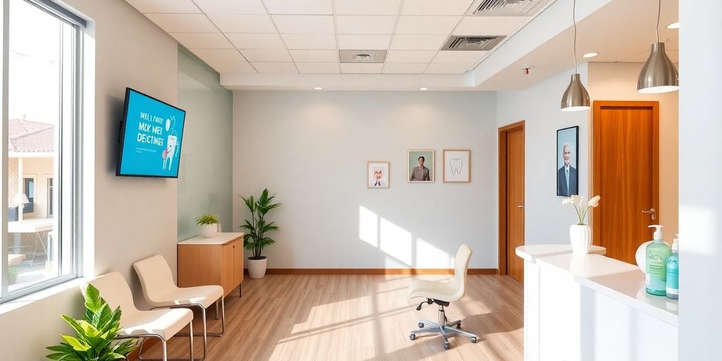 Recepción de clínica dental moderna y acogedora.