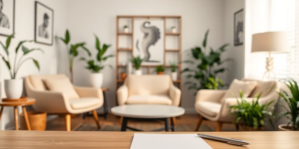 Oficina acogedora de un psicólogo con decoración tranquila.