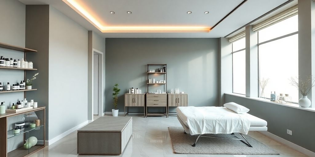 Centro de estética moderno con diseño elegante y productos.