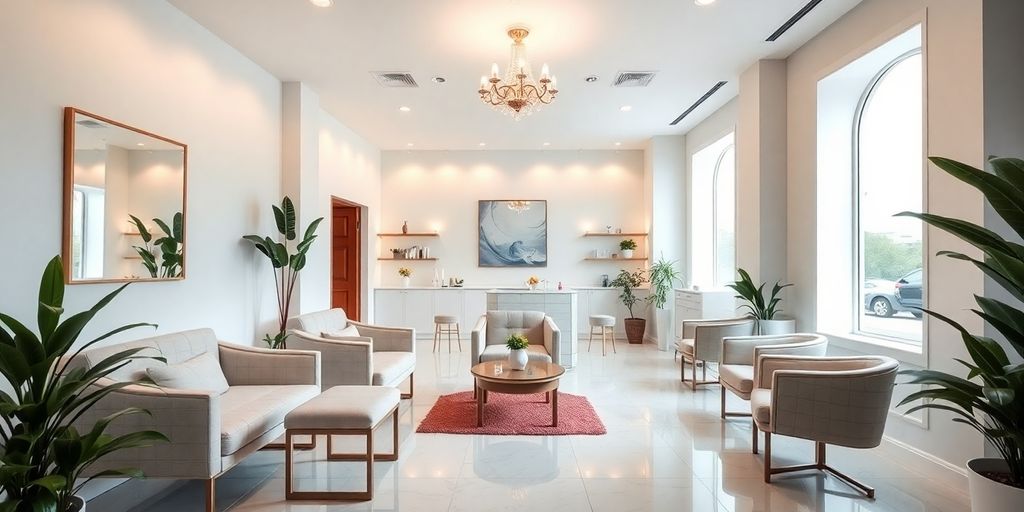 Interior moderno de clínica estética con decoración elegante.