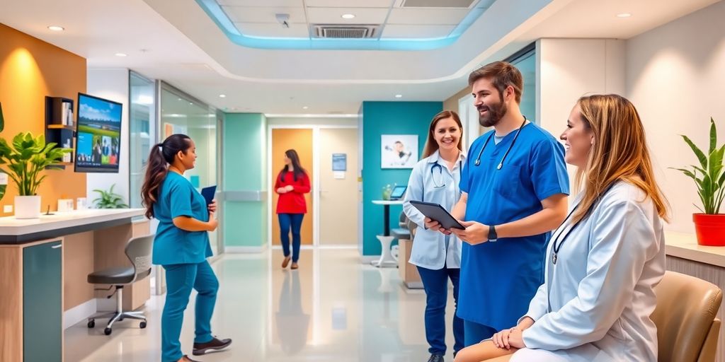 Clínica moderna con personal interactuando con pacientes.