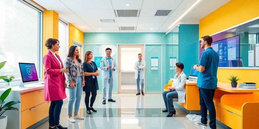 Clínica moderna con pacientes y personal interactuando.