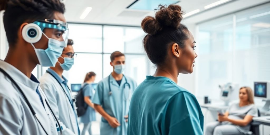 Interior moderno de clínica médica con atención al paciente.