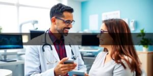 Consultorio médico moderno con doctor y paciente interactuando.