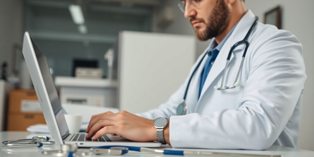 Médico trabajando en una laptop en su consultorio.