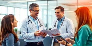 Profesionales de la salud discutiendo estrategias de marketing.