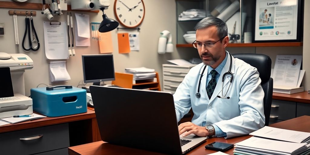 Médico trabajando en marketing digital en su oficina.