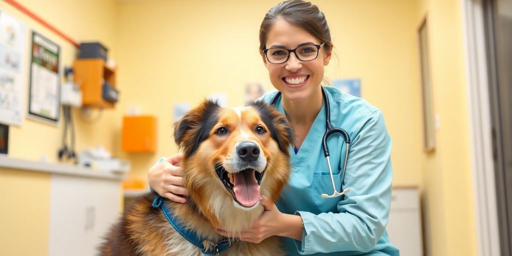 Veterinario sonriente con perro en clínica veterinaria.