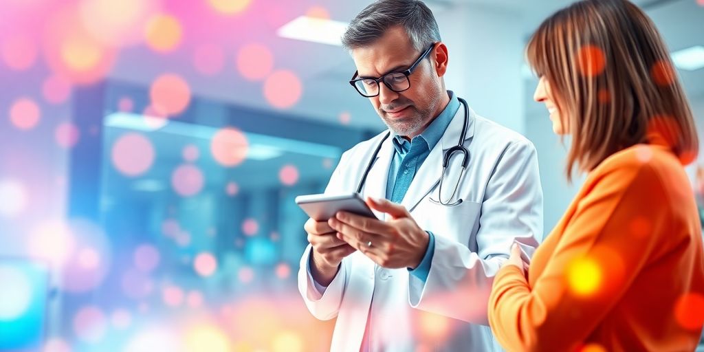 Médico interactuando con pacientes en un dispositivo digital.