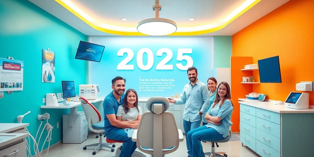 Diseño moderno de clínica dental con pacientes sonrientes.